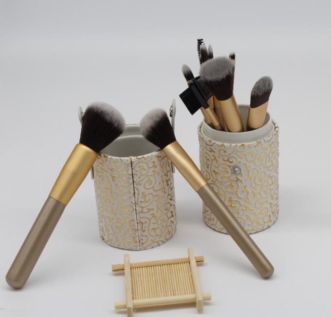 Women'S Flat Natural Hair Makeup Brushes Set With Cylinder , Gold Color
